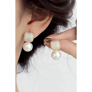 Altın Renk İnci Detaylı Küpe (Çift)