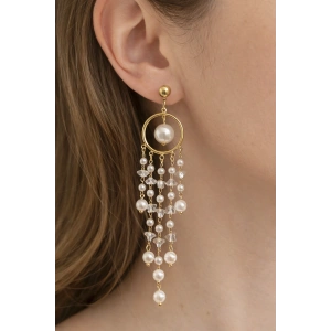 Altın Renk İnci Detaylı Sallantılı Küpe (Çift)