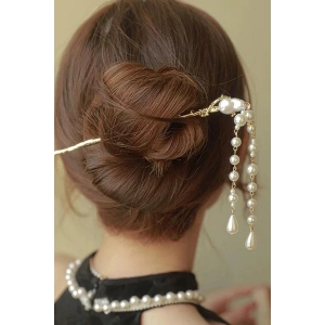 Altın Renk İnci Detaylı Sallantılı Topuz Toka