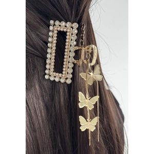 Altın Renk İnci Ve Taş Detaylı Metal Mandal Toka