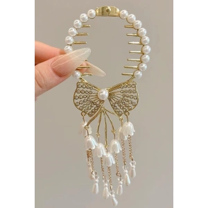 Altın Renk İnci Ve Taş Detaylı Sallantılı Topuz Tokası