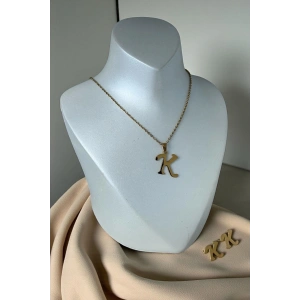 Altın Renk K Harfli Çelik Kolye Set