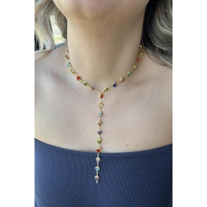 Altın Renk Kalp Detaylı Renkli Taşlı Çelik Y Kolye