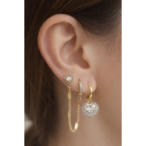 Altın Renk Kalp Figürlü 3lü Küpe Set