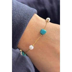 Altın Renk Kalp Figürlü İnci Detaylı Çelik Bileklik