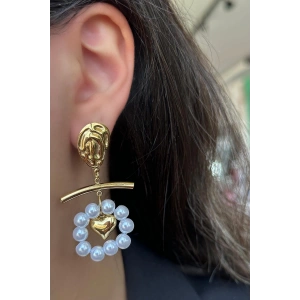 Altın Renk Kalp Figürlü İnci Detaylı Çelik Küpe (Çift)