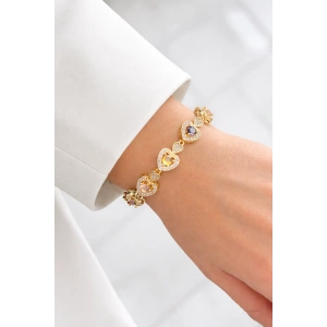 Altın Renk Kalp Figürlü Taş Detaylı 14K Altın Kaplama VİP Bileklik