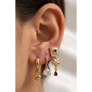 Altın Renk Kalp Figürlü Taş Detaylı 3lü YSX Küpe Set