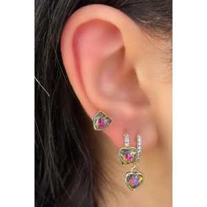 Altın Renk Kalp Figürlü Taş Detaylı 3lü YSX Küpe Set