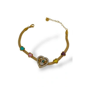 Altın Renk Kalp Figürlü Taş Detaylı Çelik Bileklik