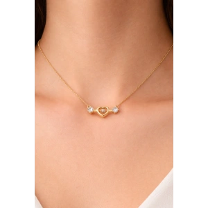 Altın Renk Kalp Figürlü Taş Detaylı Çelik Kolye