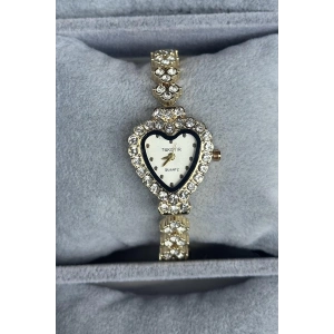 Altın Renk Kalp Figürlü Taş Detaylı Çelik Kordonlu Kadın Saat
