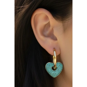 Altın Renk Kalp Figürlü Taş Detaylı Çelik Küpe (Çift)