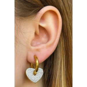 Altın Renk Kalp Figürlü Taş Detaylı Çelik Küpe (Çift)