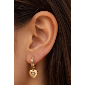 Altın Renk Kalp Figürlü Taş Detaylı Çelik Tx Küpe (Çift)