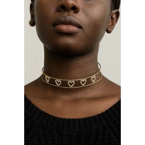 Altın Renk Kalp Figürlü Taş Detaylı Choker Kolye