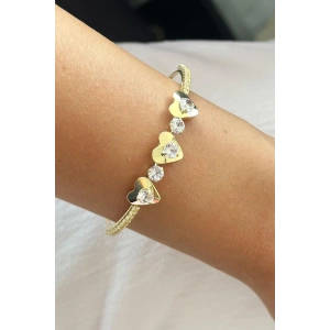 Altın Renk Kalp Figürlü Taş Detaylı Kelepçe Bileklik