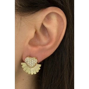 Altın Renk Kalp Figürlü Taş Detaylı Küpe (Çift)