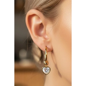 Altın Renk Kalp Figürlü Taş Detaylı Küpe (Çift)