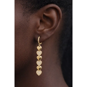 Altın Renk Kalp Figürlü Taş Detaylı Sallantılı 14K Altın Kaplama Küpe (Çift)