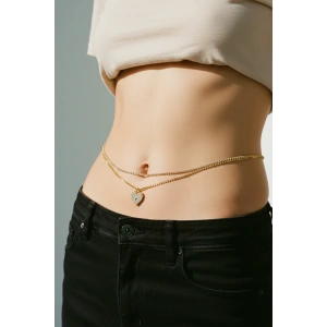 Altın Renk Kalp Figürlü Taş Detaylı Tasarım Bel Zinciri/Vücut Aksesuar