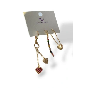 Altın Renk Kalp Figürlü Taş Detaylı VİP 3lü YSX Küpe Set