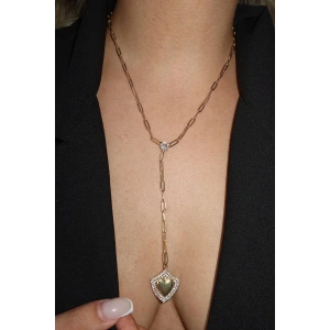 Altın Renk Kalp Figürlü Taş Detaylı Y Kolye