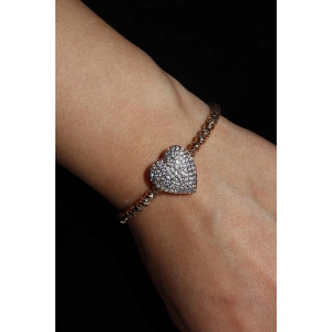 Altın Renk Kalp Figürlü Taş Detaylı YSX Kelepçe Bileklik