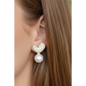 Altın Renk Kalp Figürlü Taş Ve İnci Detaylı 14K Altın Kaplama Küpe (Çift)