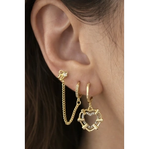 Altın Renk Kalp Figürlü Taşlı 3lü Küpe Set