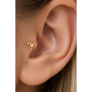 Altın Renk Kalp Figürlü Taşlı Cerrahi Çelik Tragus/Kıkırdak Küpe/Piercing (Tek)