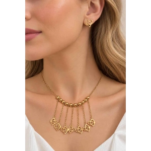 Altın Renk Kalp Figürlü Top Detaylı Çelik Kolye/Küpe Set