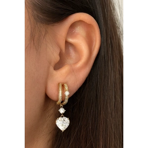 Altın Renk Kalp Taş Detaylı Küpe (Çift)