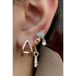 Altın Renk Kalp Ve Anahtar Figürlü Taş Detaylı VİP 3lü YSX Küpe Set