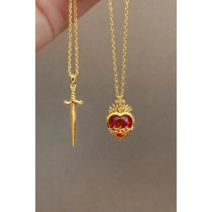 Altın Renk Kalp Ve Kılıç Figürlü Çelik Çift Kolyesi