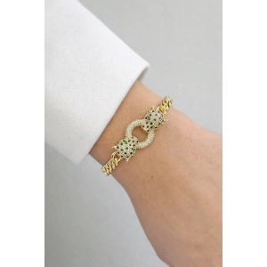 Altın Renk Kaplan Figürlü Taş Detaylı 14K Altın Kaplama CM Bileklik