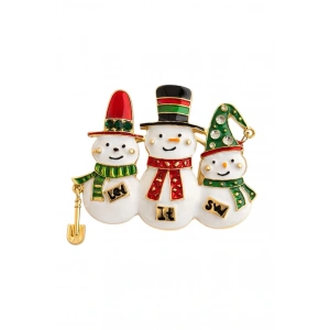 Altın Renk Kardan Adam Figürlü Yılbaşı Temalı Broş