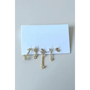 Altın Renk Karışık Figürlü Taş Detaylı 5li Küpe Set