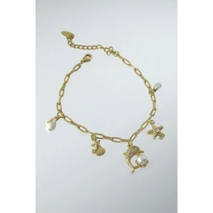 Altın Renk Karışık Figürlü Taş Ve İnci Detaylı YSX Bileklik