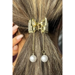 Altın Renk Kelebek Figürlü İnci Detaylı Mandal Toka