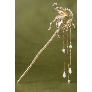 Altın Renk Kelebek Figürlü İnci Detaylı Sallantılı Topuz Toka