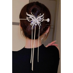 Altın Renk Kelebek Figürlü İnci Detaylı Sallantılı Topuz Tokası