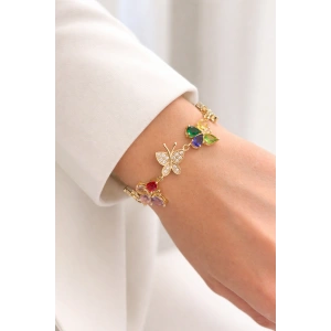 Altın Renk Kelebek Figürlü Taş Detaylı 14K Altın Kaplama VİP Bileklik