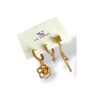 Altın Renk Kelebek Figürlü Taş Detaylı 3lü YSX Küpe Set