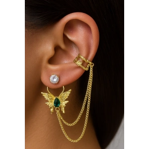 Altın Renk Kelebek Figürlü Taş Detaylı Ear Cuff Küpe Set