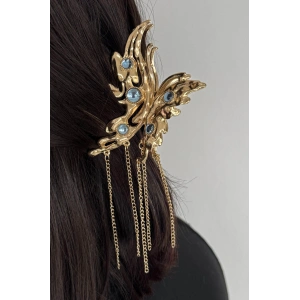 Altın Renk Kelebek Figürlü Taş Detaylı Sallantılı Metal Mandal Toka