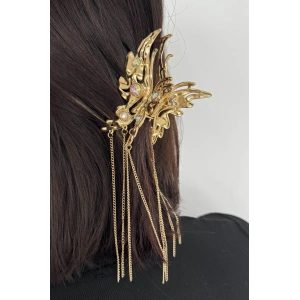 Altın Renk Kelebek Figürlü Taş Detaylı Sallantılı Metal Mandal Toka