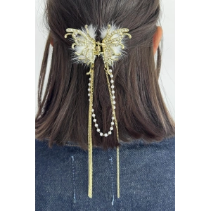 Altın Renk Kelebek Figürlü Taş Ve İnci Detaylı Metal Mandal Toka