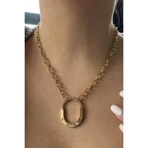 Altın Renk Kilit Figürlü Zincir Detaylı Çelik Kolye