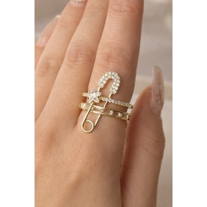 Altın Renk Kilitli İğne Figürlü Ayarlanabilir Yüzük